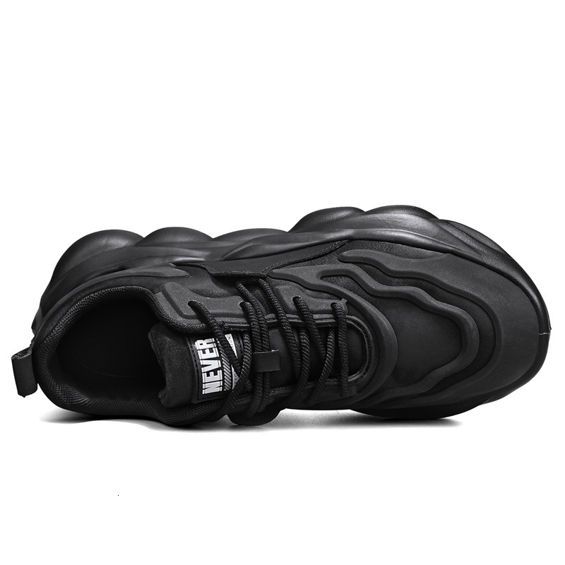 Student plush sports thick seasonal leather surface casual single shoes, pure black Korean version lace up dad shoes