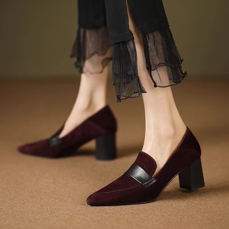 Plus Size 41 Women's Pumps Pointed Toe Boat Shoes High Heels Oxford Shoes Sewing Faux Suede Slip on Chunky Dress Shoes 1736N