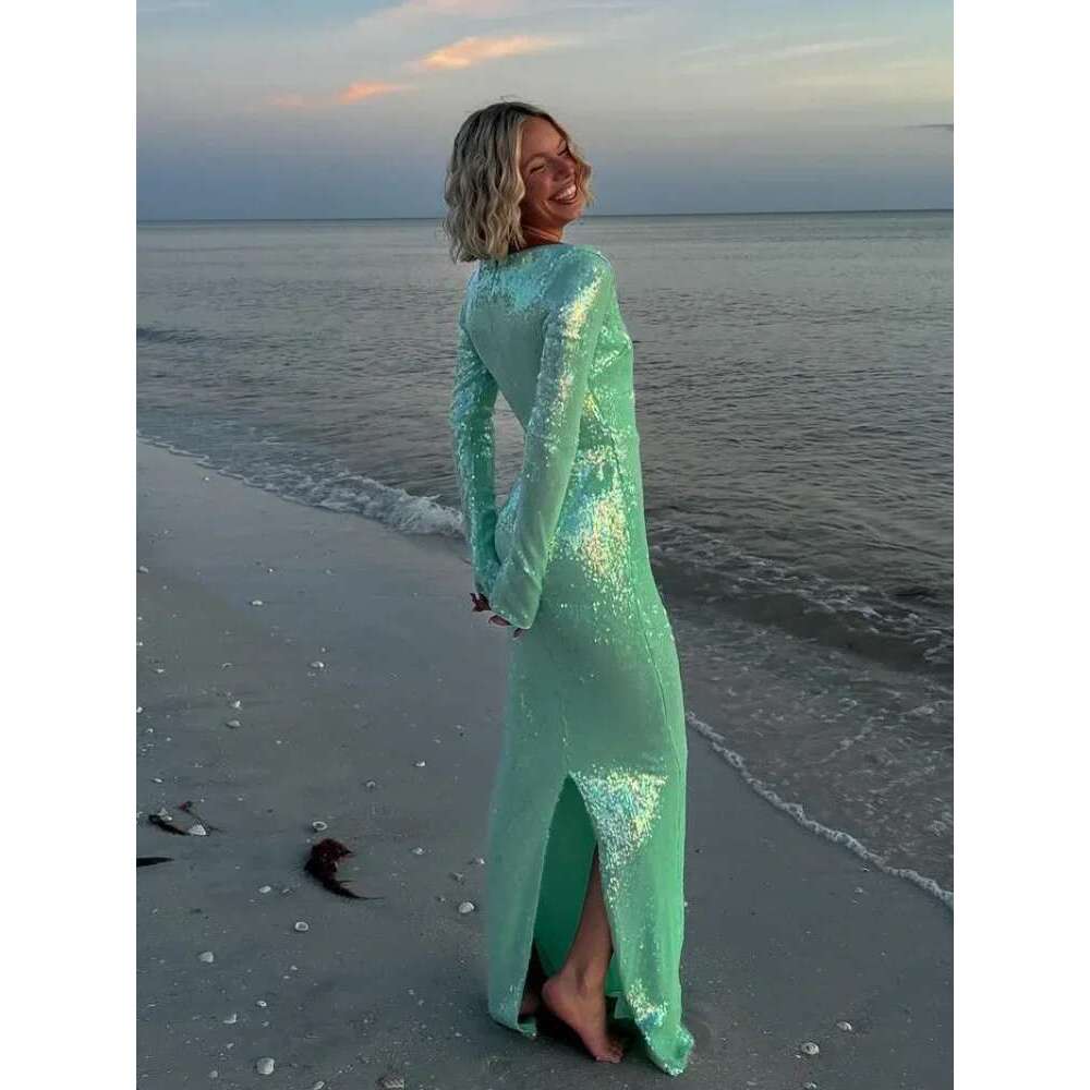 Sexy Shiny Sequin Hollow Out Lace Up Maxi Dress Women Chic Round Neck Long Sleeves Bodycon Dresses Lady Night Party Robe