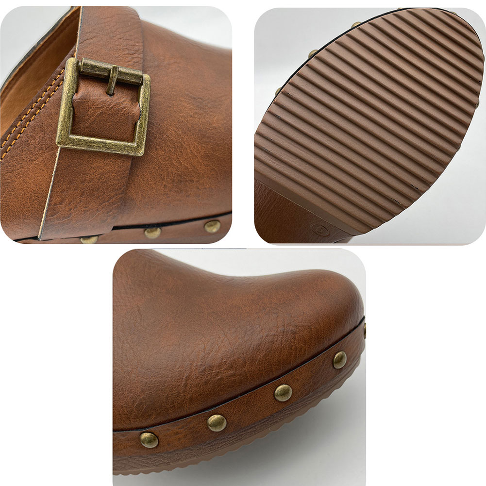 Brand New Dropship 2023 New Women Brown Buckle Decor Mules Chunky Heeled Elegant Pump Vintage Comfy Women Mules Sandals Shoes