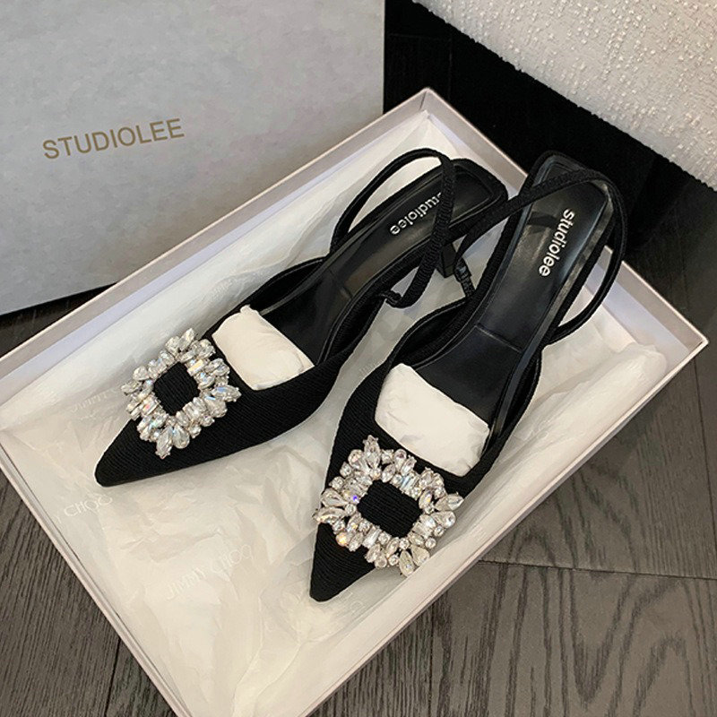Summer 2024 New Square Crystal New Buckle Rhinester Pointed Head High Heel Women's One-e Belt Baotou Sandals 0829