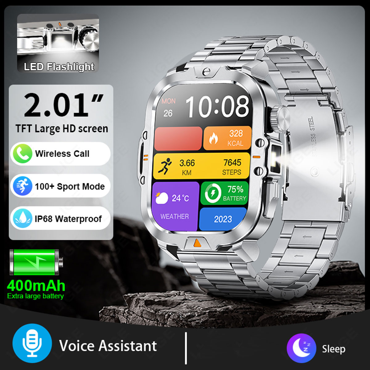 LIGE Smart Watch Square with Handheld Light Meter Step Sports Watch Multi functional Alarm Clock Bluetooth Call Remote Control Camera Watch