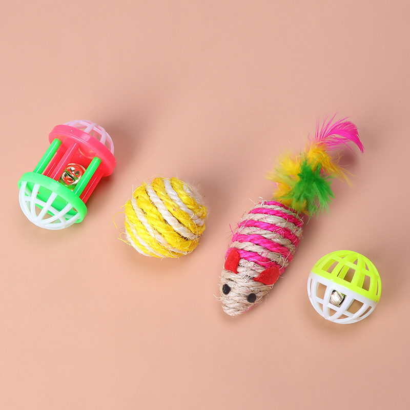 4/3/2pcs Funny Cat Toy Set Cat Teaser Pet Interactive Sisal Ball Cat Plush Playing Chewing Toy for Teeth Grinding Supplies