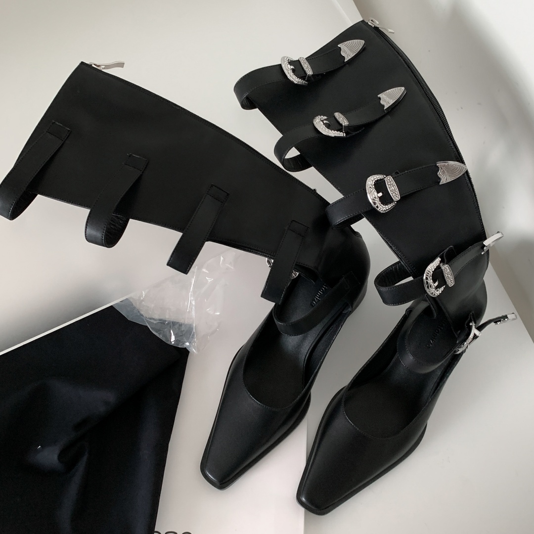 genuine Women's leather metal buckle pointed knee high motorcycle summer square toe 5.5cm thick med heel punk boots b846