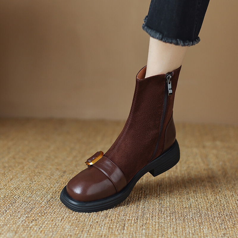 Autumn NEW Split for Women Round Toe Chunky Heel Shoes Zip Belt Buckle Sheep Suede Leather Boots 649f