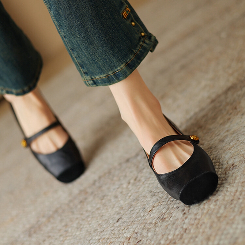 NEW Spring/Autumn Women Pumps Genuine Leather Shoes for Women Square Toe Chunky Heel Shoes Low Heel Shallow Mary Janes Shoes
