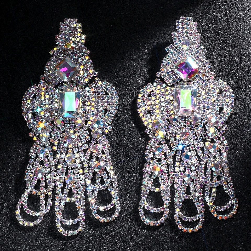 Statement Colorful Hollow Exaggerate Earrings Multilayer Prom Jewelry Elegant Large Rhinestone Dangle Earrings Christmas Gift 240914