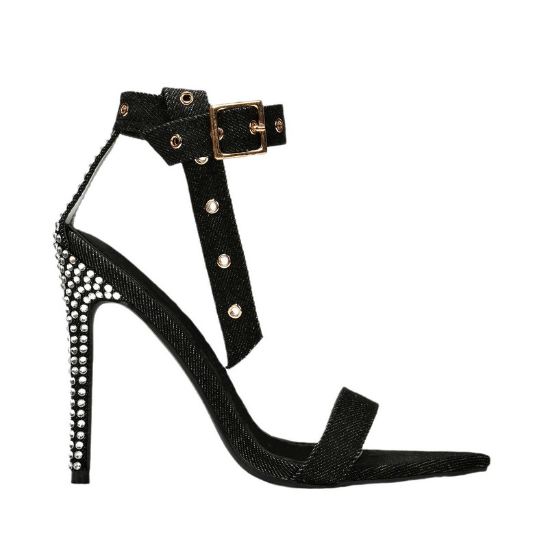 Style New High Heel Sandals For Women Denim New Pointed Rhine-drill Rivet Belt Buckle Shoes 6fe2