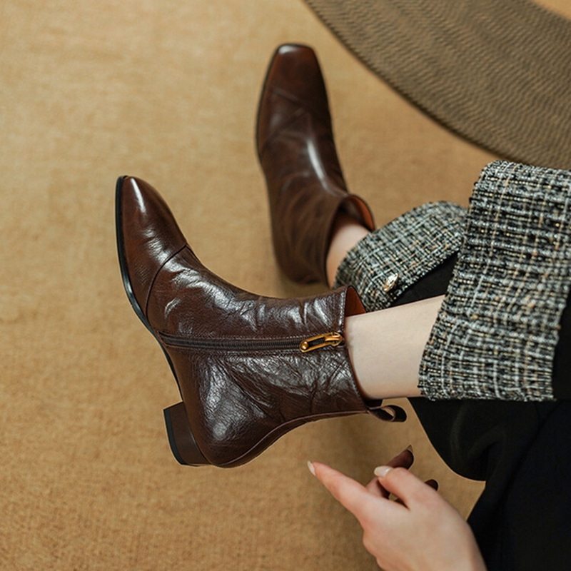 Winter NEW Genuine Leather for Women Square Toe Low Heel Shoes Warm Wool Modern Black Zipper Ankle Boots 6053