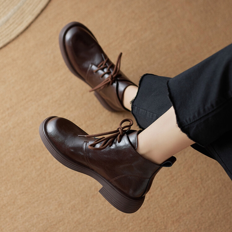 Autumn NEW Split Leather for Women Round Toe Chunky Heel Shoes Black Lace-up Ankle Casual Boots d0dd