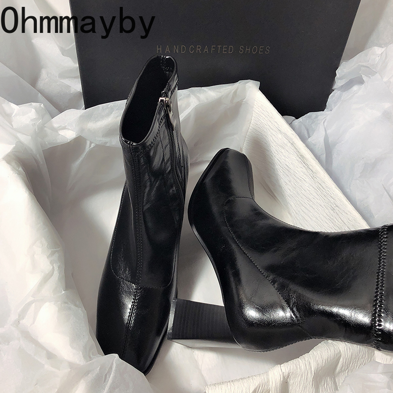 Thick Vintage Heel Women Slim Ankle Boots Fashion Square Toe Shoes Autumn Winter Ladies Elegant Short Booties 1620