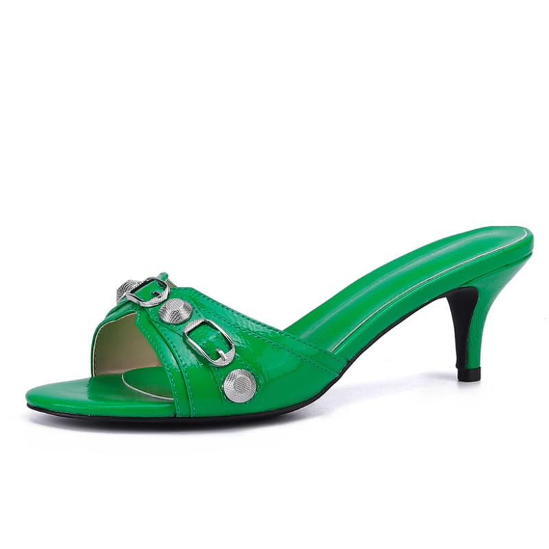 Brand 2023 Summer Comfortable Fashion Metal Rivet Slippers Round Toe Open Toe Mid Heel Sandals European American 42 Women Shoes