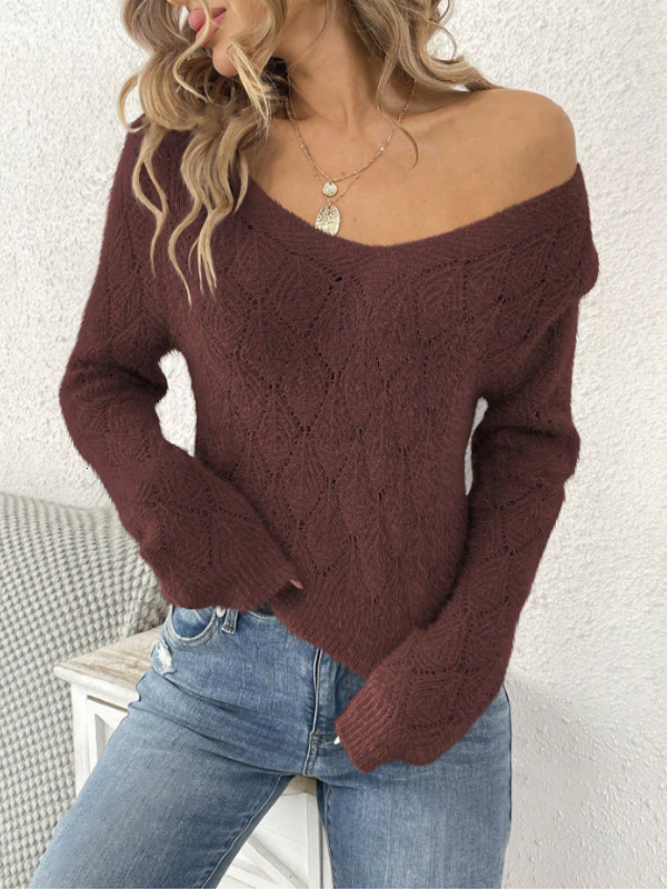 dongdumaoyi New autumn and winter V-shaped sweater long sleeved pullover knitted sweater loose casual lazy style solid color knitted sweater F0914#40