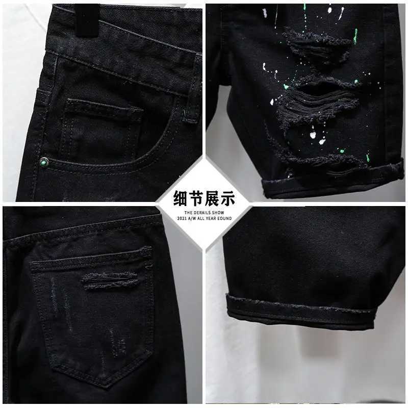 Fashion Summer New Casual Denim Jeans Knee Length Shorts for Men Black Cowboy Low Rise Ripped Holes Boyfriend Mens Denim ShortsX240914