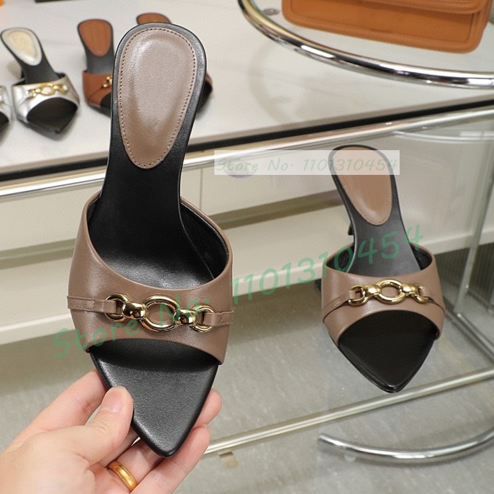 Gold Real Leather Mid Heel Slippers Women Metal Ring Detail Open Pointy Toe Shoes Summer Luxury Sheepskin All-match Sexy Mules