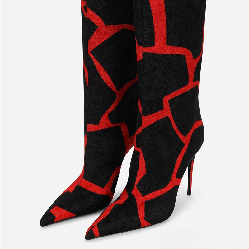 Pointed Thin Heel Leopard Print Long Boots for Women's Fashionable Sexy Mixed Color Knee High Boots Large Size 43 Women's Shoes