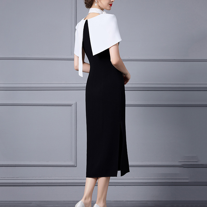 OC 120M68 Women's Casual Dresses Short Sleeved Commuting Dress Autumn Black and White Patchwork Flower High Waist Skirt