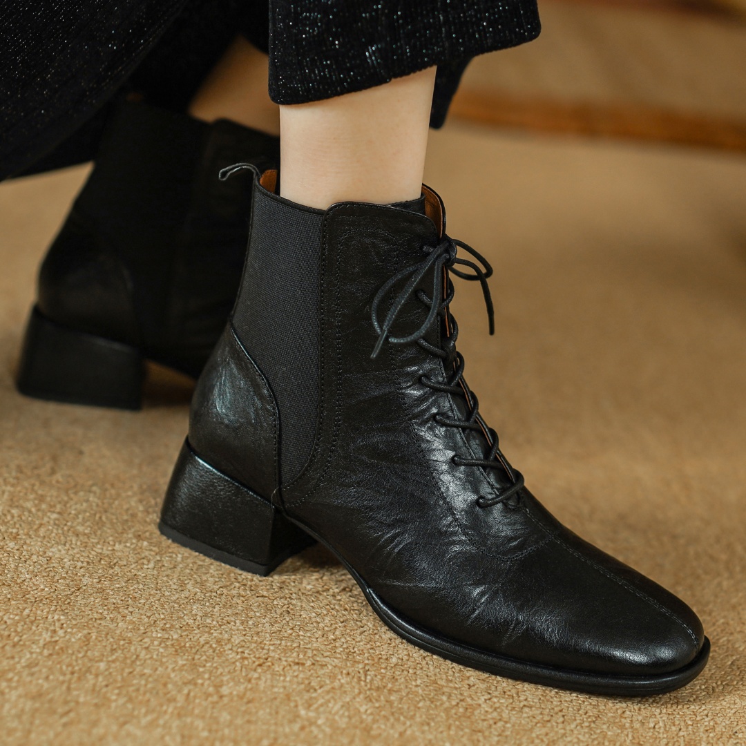 genuine Women's leather elastic patchwork lace-up autumn ankle boots 4cm thick low heel casual female short booties shoes woman e706
