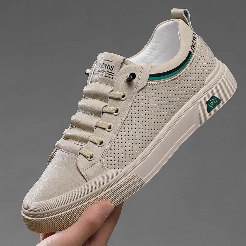 2024 New Shoes for Men Genuine Leather Casual Shoes Summer Breathable Microporous Flat Skateboard Shoes Cow Leather Sneaker