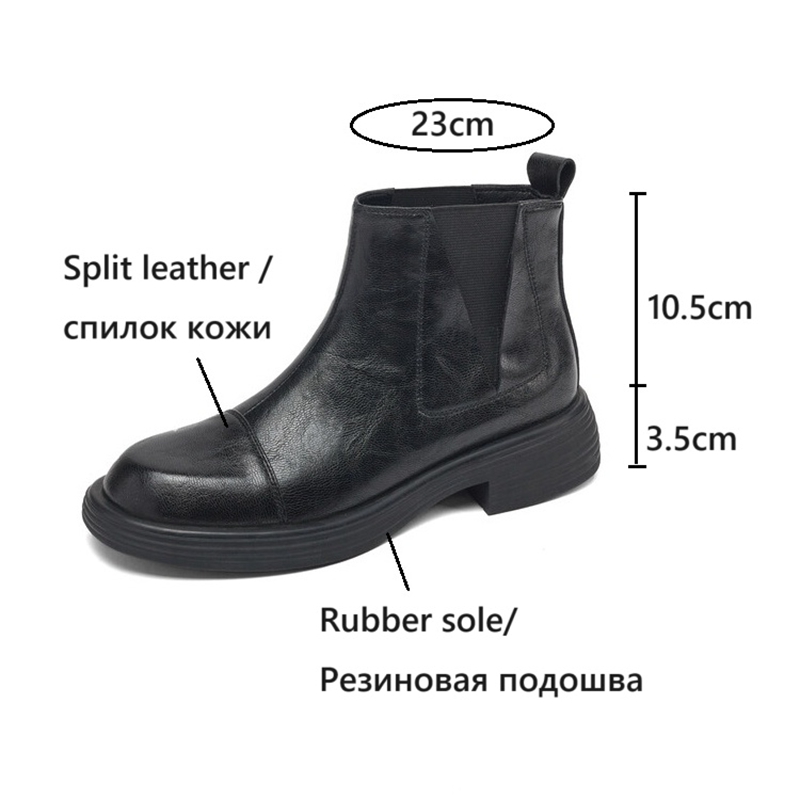 Autumn NEW Split Leather for Women Round Toe Chunky Heel Shoes Black Slip-on Ankle Casual Boots 42ff