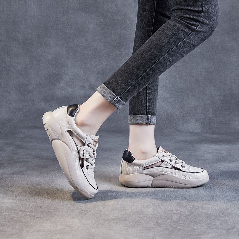 DRKANOL 2024 Women Casual Shoes Summer Hollow Out Breathable Lace-Up sneakers Genuine Leather Lightweight Flat Platform Shoes