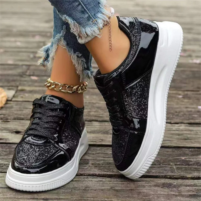 Women's Gold Sequins Platform Sneakers Autumn Fashion Casual Sports Thick Bottom Vulcanized Woman Flats Heels Shoes