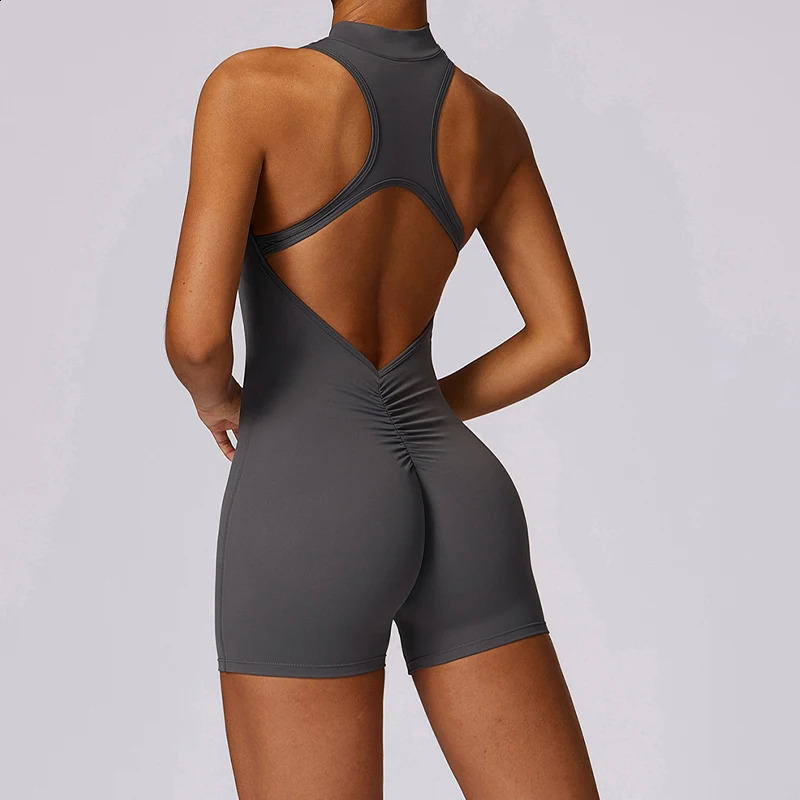 V Back Scrunch Sports Jumpsuit Women Gym Rompers Sleeveless Sportswear Bodysuits Women Zipper One-Piece Suit Yoga Clothing 240914