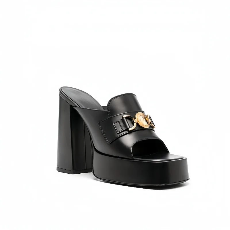 Metal Brand Buckle Sexy Thick Outdoor Slippers Women's Fashion Waterproof Platform High Heel Sandals Exquisite Woman Shoes f6bf