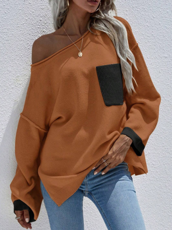 dongdumaoyi New round neck sweater, fashionable color blocked pocket knit top, casual loose knit sweater F0914#52