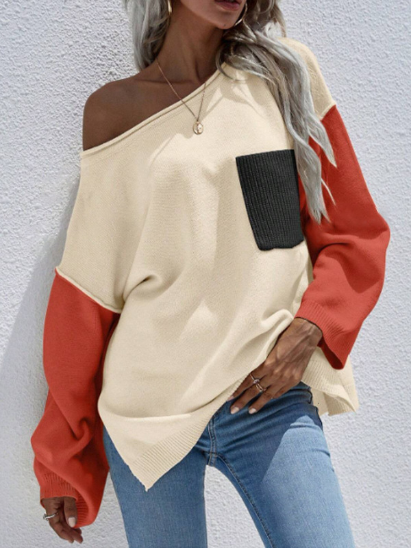 dongdumaoyi New round neck sweater, fashionable color blocked pocket knit top, casual loose knit sweater F0914#52