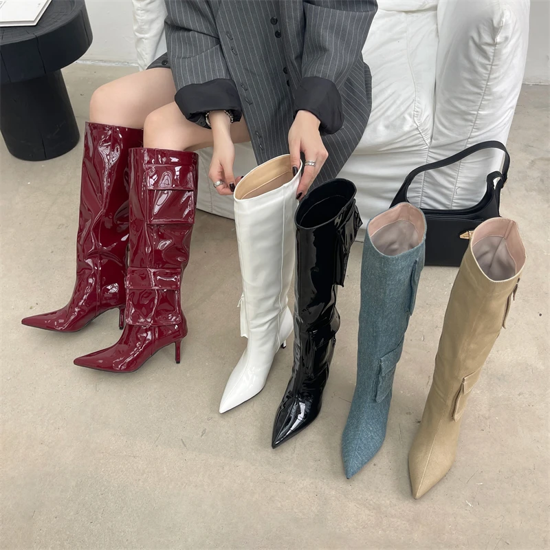 Eilyken Sexy Winter Thin High Heels Women Knee-High Boots Design Style Lattice Pointed Toe Banquet Party Female Shoes