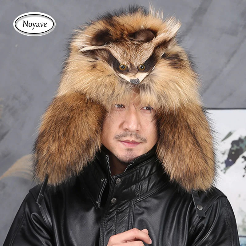 100% Real Fur Raccoon Fox Skin Russian Hats Pilot Bombers Full Mao Mens hat Ushanka Winter Ear Guard Hat Raccoon Fur Beanie Hat 240906