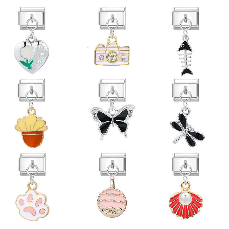 New Women's Gift Cute Dragonfly Butterfly Tulip Pendant Italian Charms Links Bangle Beads Fit 9mm Stainless Steel Bracelet Making DIY For Women F