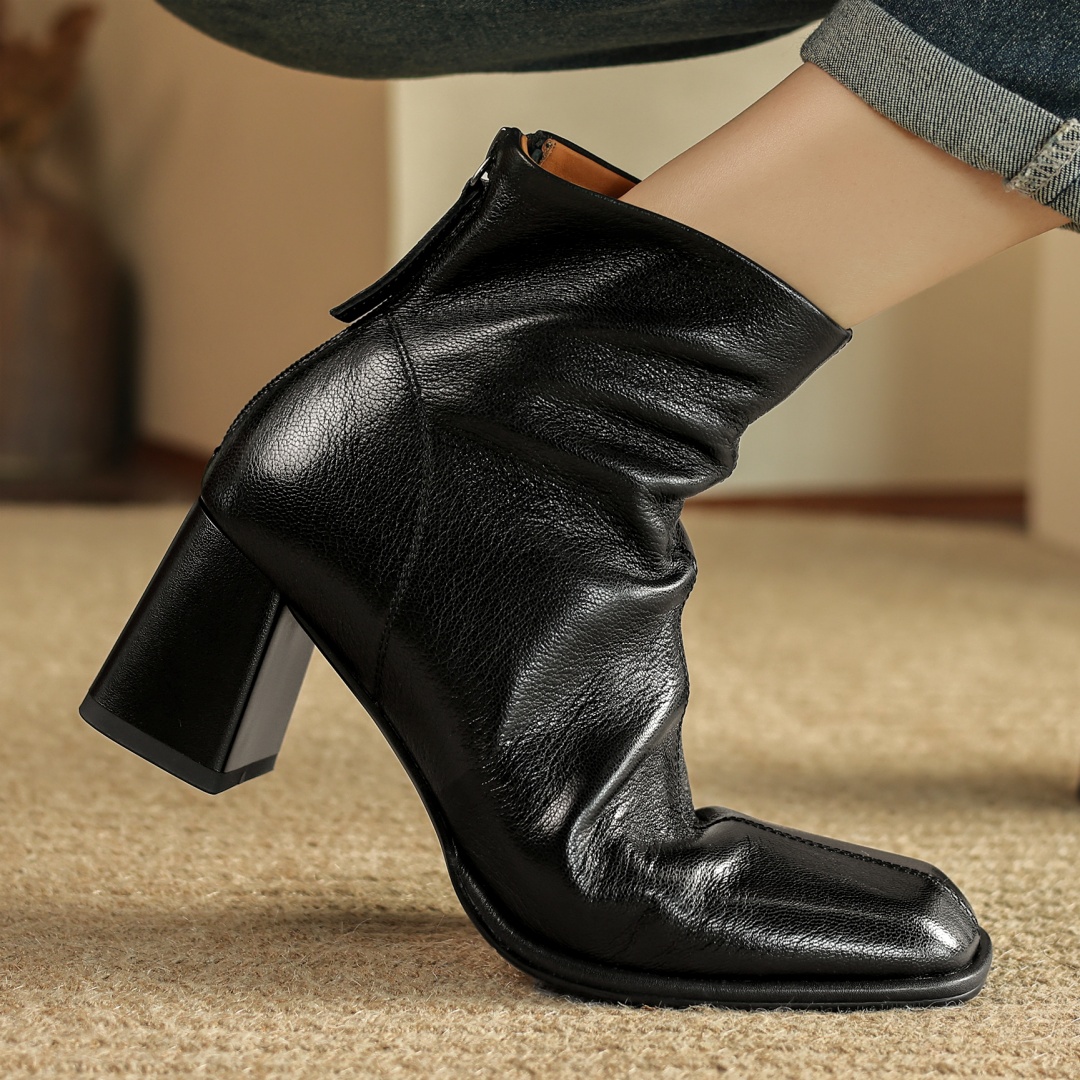 Autumn 2024 new women's sheepskin back zip autumn ankle boots 6cm thick high heel square toe elegant ladies short booties 34-42 e235