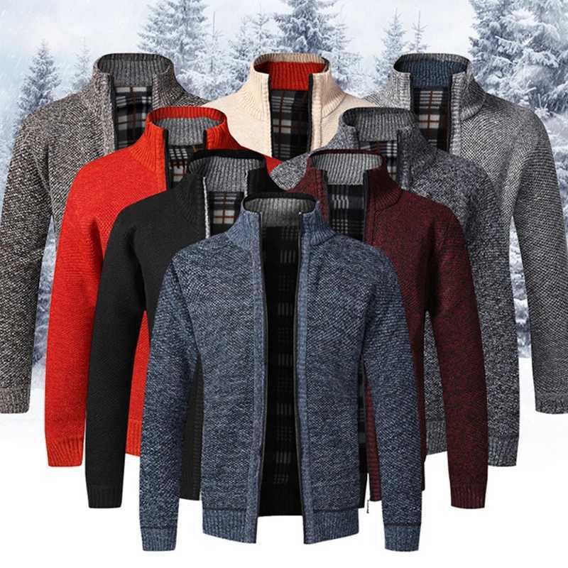 Autumn Zip Up Cardigan Men Thicken Stand Collar Zipper Sweater Coats Cotton Knitted Jacquard Mens Solid Sweater Thick Warm CoatXJ240907