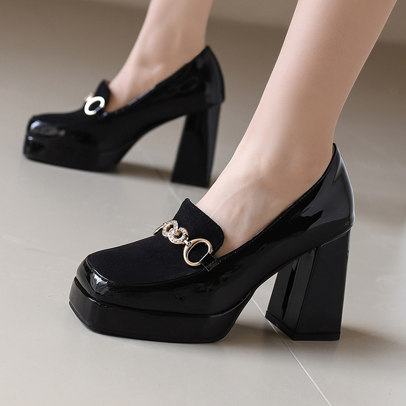 Plus Size Metal Decoration Square Toe Ultra-High Thick Heel Breathable Women's Pumps Platform Patent Leather Loafers