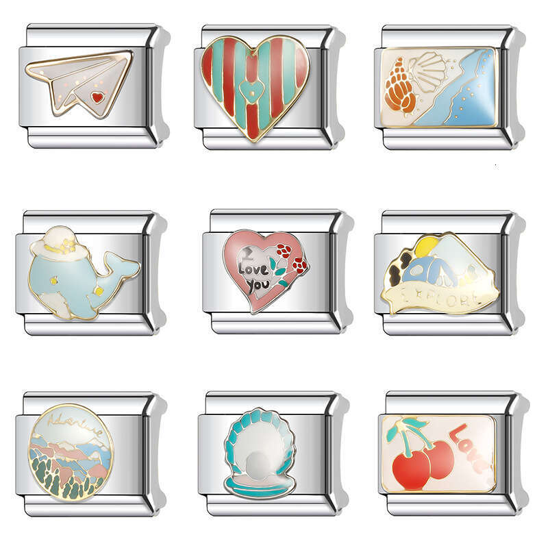 New Women's Gift Cherry with colorful enamel Bead Italian Charms Links Bangle Beads Fit 9mm Stainless Steel Bracelet Making DIY For Women Fashion