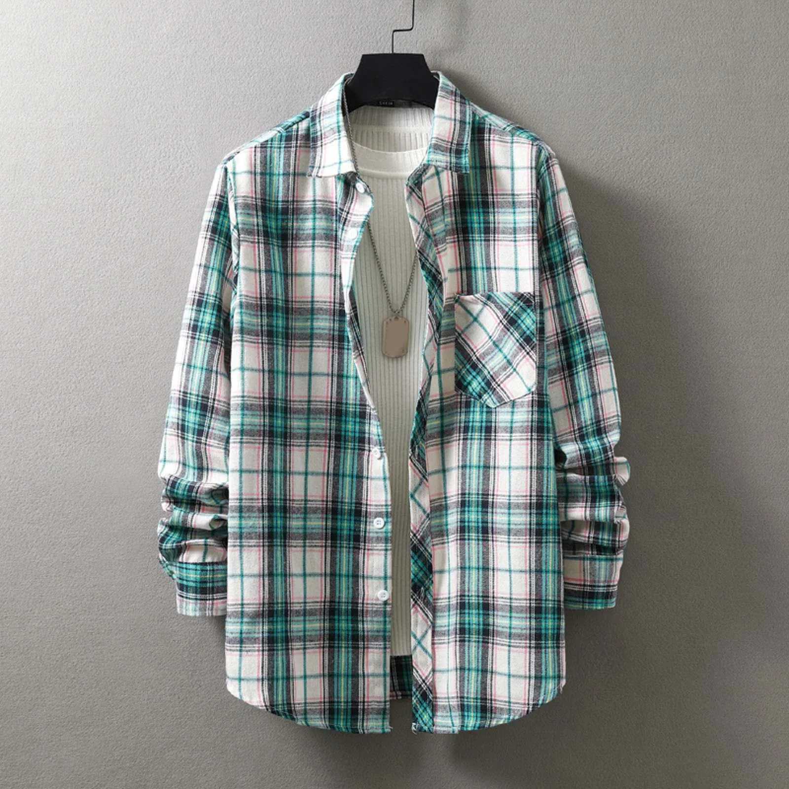 Men Fashion Plaid Flannel Shirt Long Sleeve Male Pocket Buffalo Plaid Shirts Printed Button Harajuku Checked Men Shirt XXL Z240914