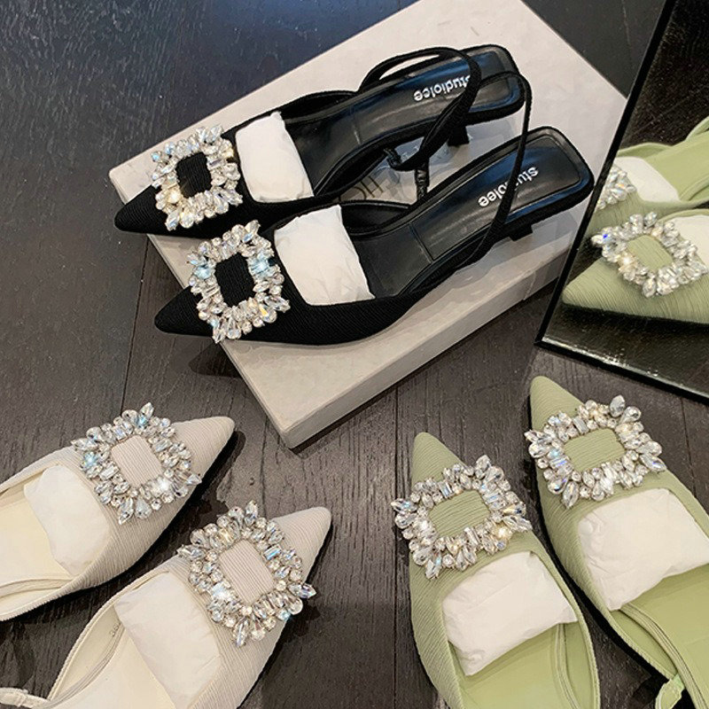 Summer 2024 New Square Crystal New Buckle Rhinester Pointed Head High Heel Women's One-e Belt Baotou Sandals 0829