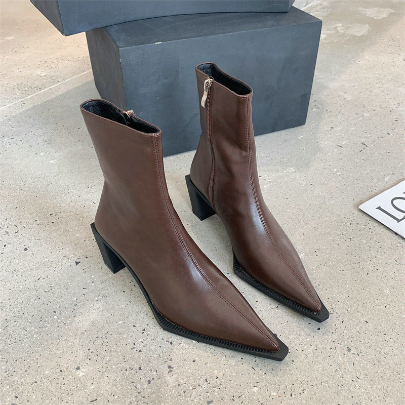 Female 2024 With Skinny Heel Pointed Side Zipper Leather Ankle Fashion Temperament Short Tube Boots 5365 9c45