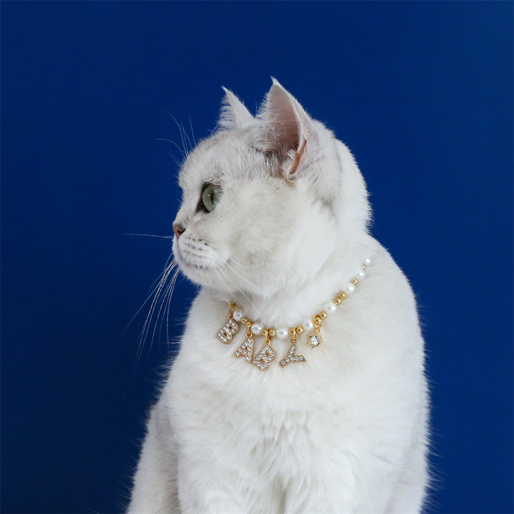 Pet Pearl Alphabet Collar Necklace Cat Dog Baby Rhinestone Pendant Happy Adjustable Necklace Collar Princess for Cat and Puppies