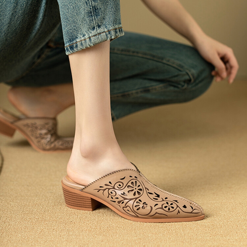 Mules Summer Genuine Leather Shoes New for Women Cover Chunky Heel Slippers Solid Pointed Toe Sgback Designer Sandals 1b39