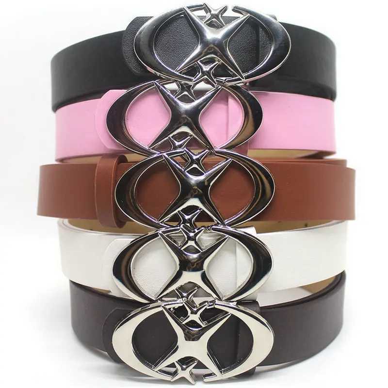 Fashion Spicy Girl Pink PU Leather Belt Metal Punk Cross Buckle Moon Star Buckle Belt Waistband Women Y2K Versatile DecorationX240914