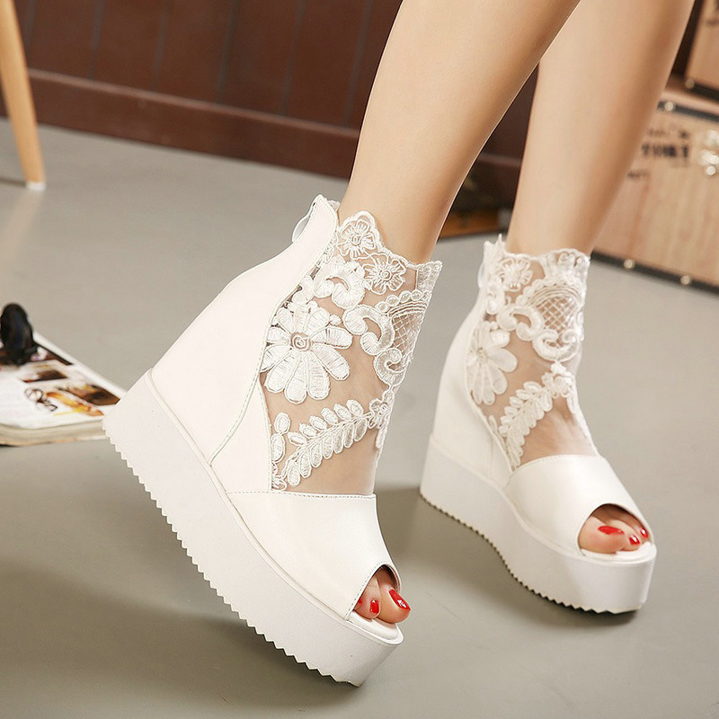 2024 Women's Wedge Shoes Muffin Platform Inside Raised Fish Mouth Summer Boots Women's Sweet Lace High Heels