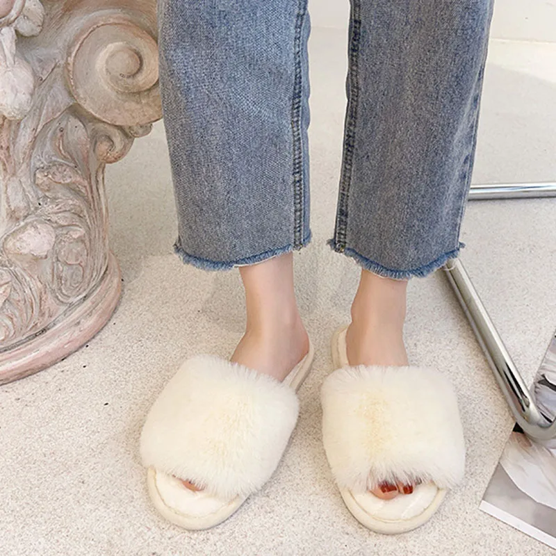 2023 New Woman Slippers Winter Simple Word Fur Flats Soft Home Women Slippers Faux Fur Warm Bedroom Leisure Female Slides Shoes