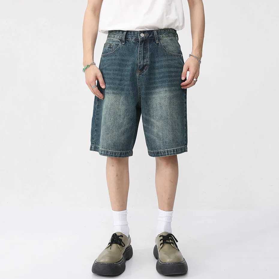 Men Vintage Blue Denim Shorts Summer Casual Loose Jeans Shorts Retro Harajuku Streetwear Hip Hop Y2K Shorts Man Y240914