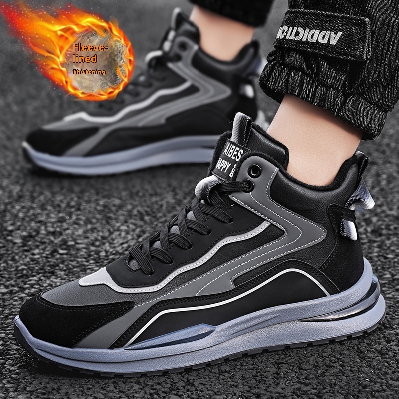 Youth plush insulation trend, dad winter men's fashionable high top cotton shoes, new lace up casual sports shoes