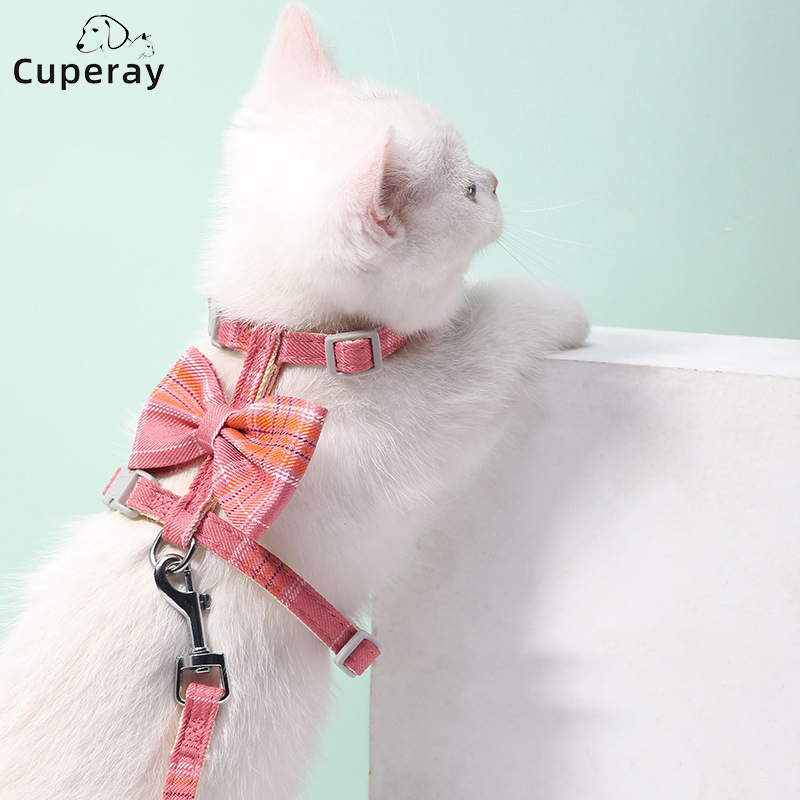 R-shaped Cat Harness and Leash Adjustable Size Plaid Harness with Bow Trim and Leash To Keep Out Break Free Cat Walking for Cats