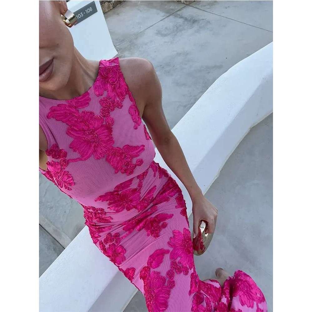 Women Elegant Wer Printed Slim Long Dresses Fashion Round Neck Sleeveless Bodycon Dress New Summer Female Party Robes