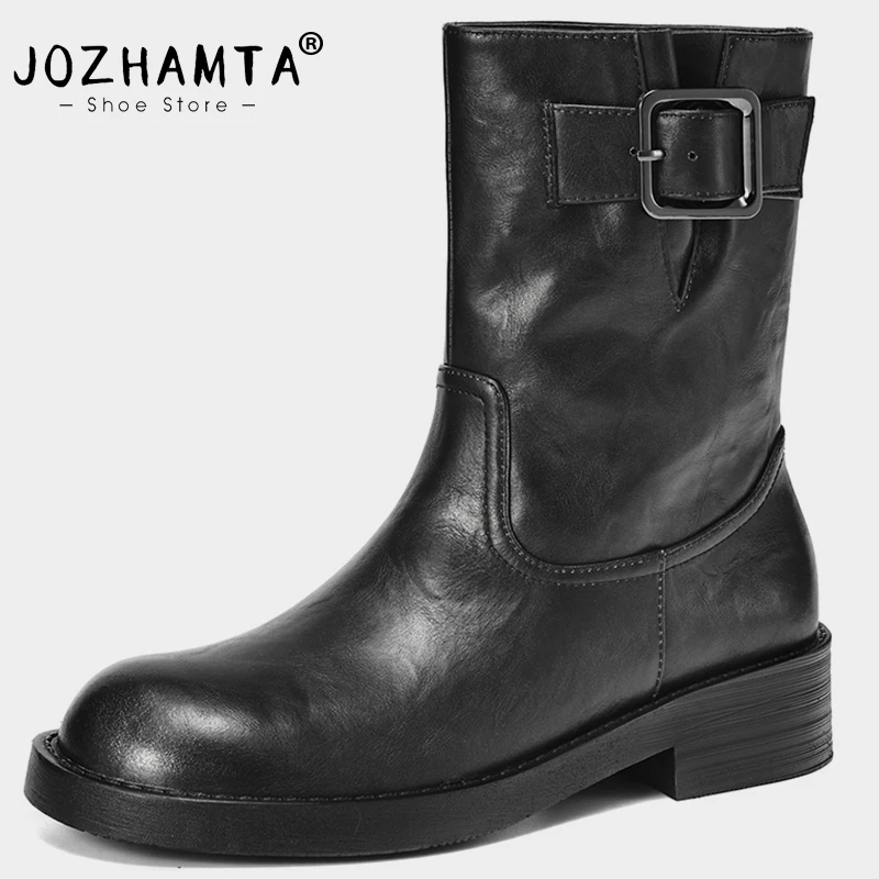 JOZHAMTA Size 34-41 Women Ankle Genuine Leather Wide Calf Thick Heels Platform Boots Casual Buckle Strap Daily Dress Shoes